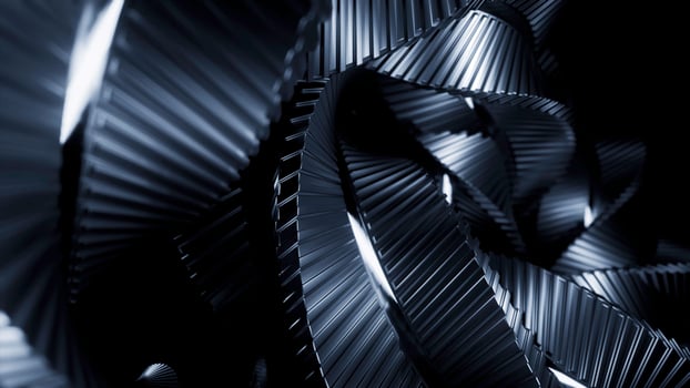 Abstract metal spinning stripes on a black background, monochrome. Design. Long tangled mechanism. photo