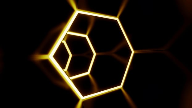 Moving in the endless glowing brown tunnel formed by neon lines. Design. Geometric 3d background. photo