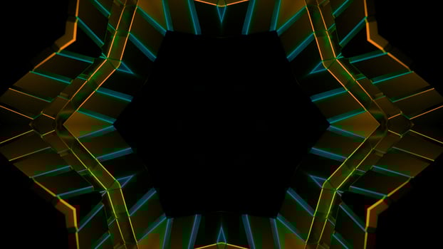 3D kaleidoscope mandala abstract background. Design. Fractal shapes of a star in endless motion. photo