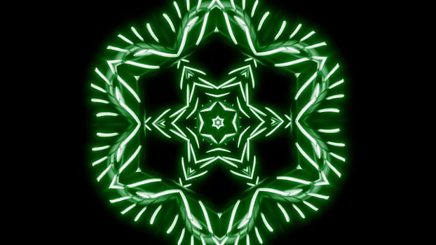Symmetrical pattern with neon starry kaleidoscope. Design. Mirror reflection of repeating star or flower structure. photo
