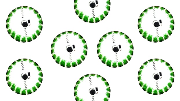 Abstract spinning wheels with green vegetation. Media. Concept of modern green farm. photo