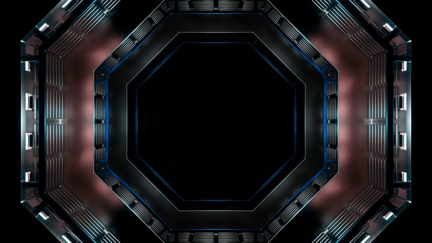 Futuristic tunnel with fluorescent lights. Design. Sci-fi interior corridor with neon lighting with hexagonal shapes. photo