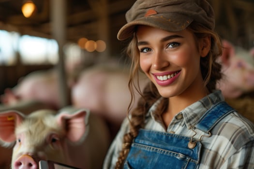 Smiling Young Female Farmer with Livestock in Barn photo