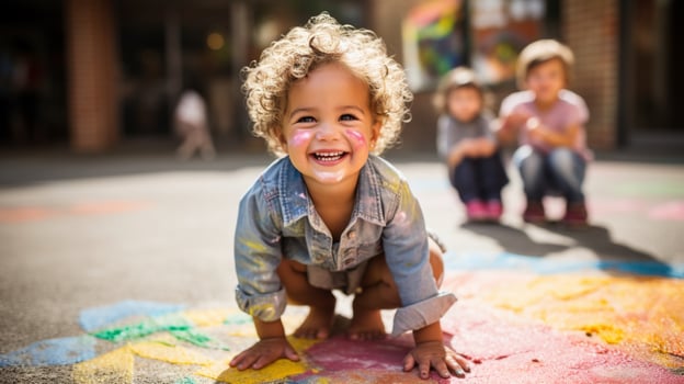 Group of children with chalk on sidewalk, rainbow colors, sunny, shot from above photo