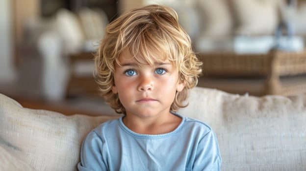 A young child sitting atop a couch photo