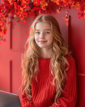 A girl wearing a red sweater is actively using a laptop photo