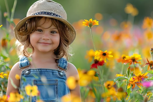 Happy girl in overalls and hat doing gardening in a garden. photo