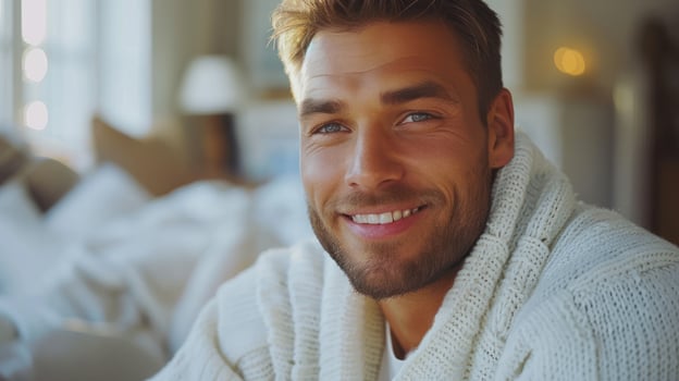 A man in a white sweater smiles at the camera photo
