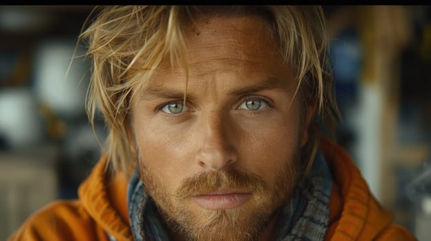 A person wearing an orange jacket up close photo