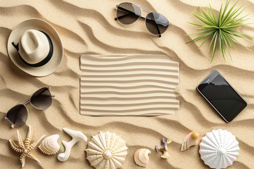 photo flat lay composition sand and beach