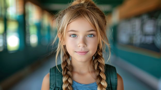A young girl with long braids standing in a hallway photo