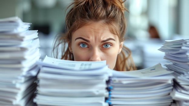 A woman looks through a stack of papers photo