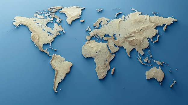 A world map displayed against a solid blue background photo