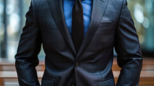 A man dressed in a suit and tie standing beside a bench photo