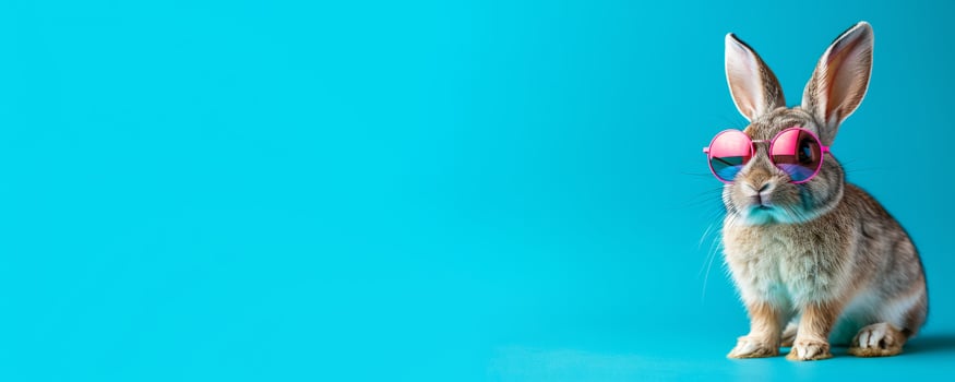 AI generated Funny rabbit wearing sunglasses on bright blue background. Cute bunny with cool sunglasses posing for Easter concept. photo