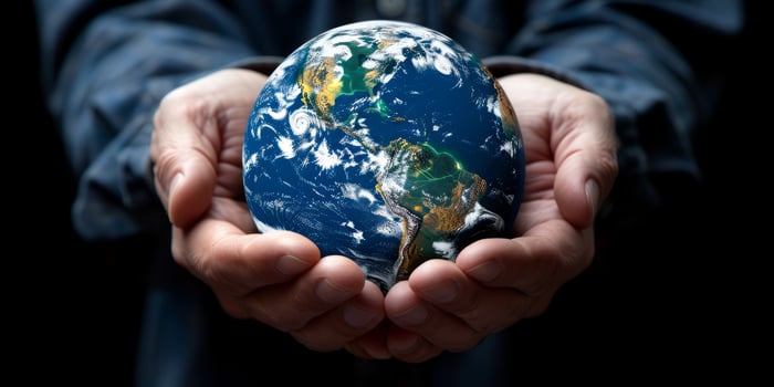 AI generated Hands holding planet Earth representing environmental protection and global responsibility. Concept of sustainability, eco consciousness and caring for the world. photo