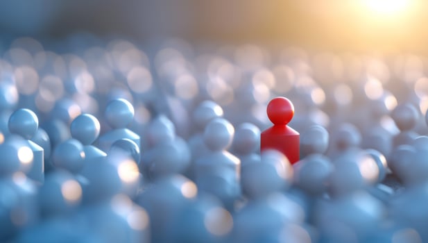 AI generated Red Figure Standing Out in a Crowd of white Figures. Concept of Individuality, Leadership, and Uniqueness. photo