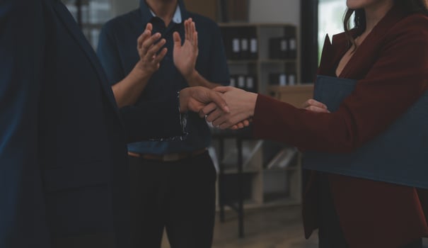 Business handshake for teamwork of business merger and acquisition,successful negotiate,hand shake,two businessman shake hand with partner to celebration partnership and business deal concept photo