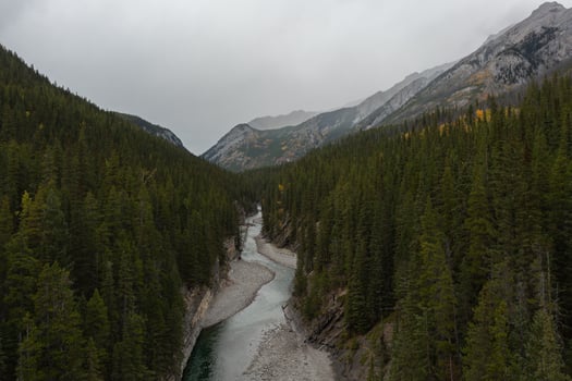 Aerial view of Stewart Canyon at Lake Minnewanka, Banff National Park. photo