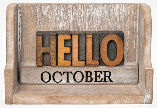 Hello October in vintage wood type photo