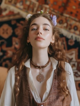 Bohemian girl with subtle flowers in hair posing with ethnic tapestry photo