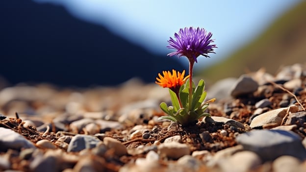 Resilient purple and orange flowers growing in a rocky mountainous terrain photo