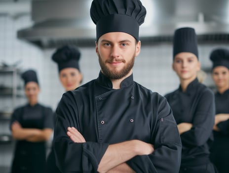 Professional male chef in black uniform with culinary team photo