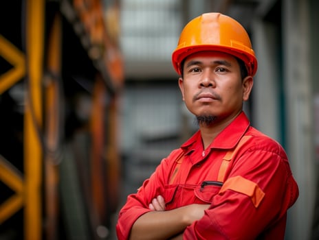 Portrait of industry maintenance engineer in orange safety helmet and red overalls photo