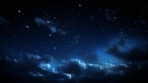 Dramatic night sky background with glowing stars and dynamic cloud formations photo