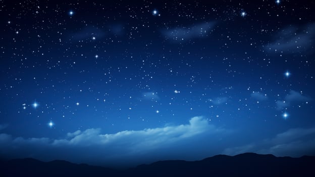 Gleaming starry background with blue night sky and mountain silhouette photo