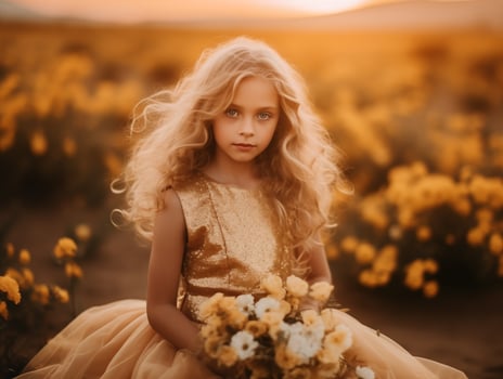 Young girl in golden dress with flowers during a summer sunset photo