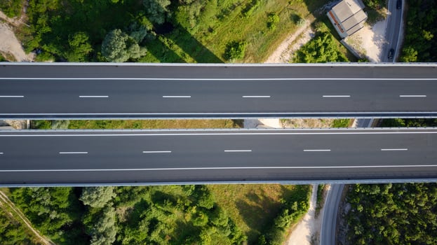 Aerial drone view of a highway bridge. Travel and road trip. photo