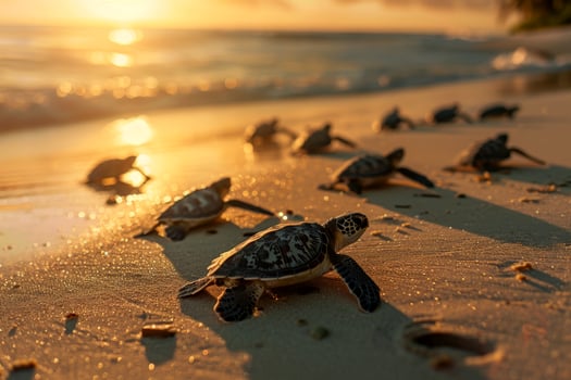 AI generated baby turtles on the sandy beach and crawl to the ocean. Generative AI photo