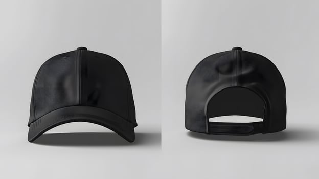 Black baseball caps mockup on a grey background, front and back side. photo