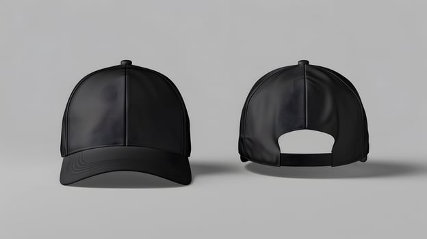 Black baseball caps mockup on a grey background, front and back side. photo