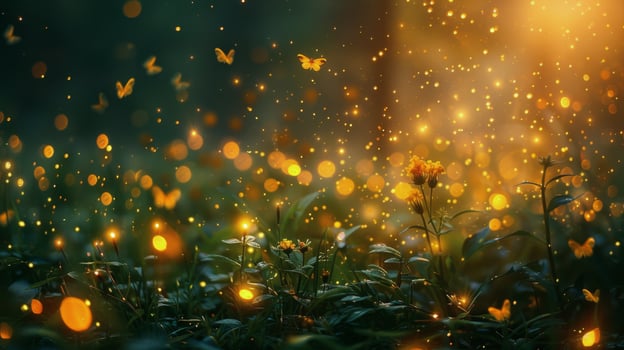 AI generated Blue and Yellow Light Shines in Dark Forest photo