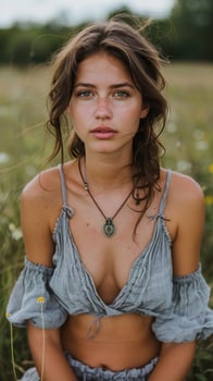 AI generated Woman Sitting in Field of Flowers photo