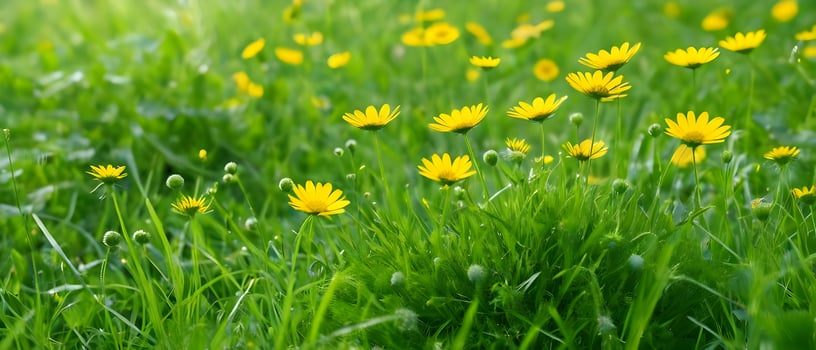 Beautiful green grass and wild yellow flowers on the lawn outdoors in morning. Spring summer natural background. photo