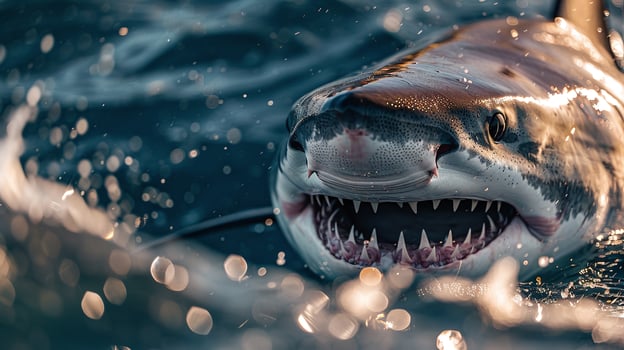 shark in water closeup, underwater predator in ocean wildlife scene photo
