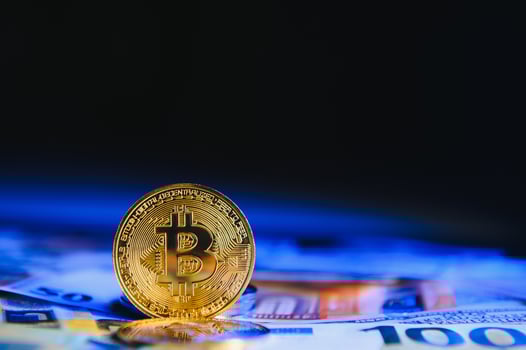 euro banknotes and coins, dollar banknotes with bitcoin. High quality photo. photo