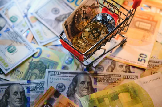 euro banknotes and coins, dollar banknotes with bitcoin. High quality photo. photo