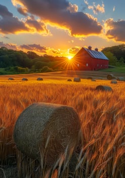 AI generated Sunset over farm field with hay bales and barn in the background photo