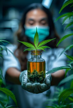 AI generated Scientist holding jar of cannabis oil in his hands. Cannabis leaf and scientist holding oil bottle in laboratory photo