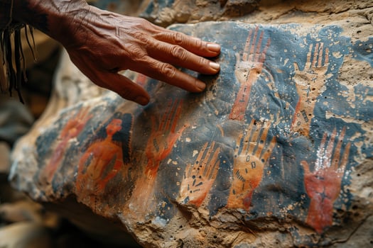AI generated cave painting, the hand of an indigenous person touches an ancient stone with many palms depicted on it photo