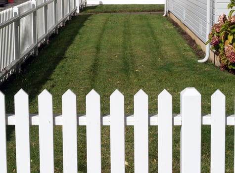 Palo Alto, CA, 2008 - White picket fence with green lawn and side of house photo