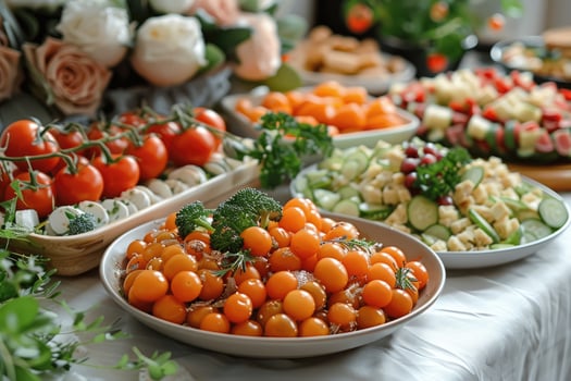 luxurious decoration of white tablecloths with lots of finger food prepared professional advertising food photography photo