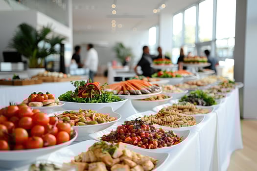 luxurious decoration of white tablecloths with lots of finger food prepared professional advertising food photography photo