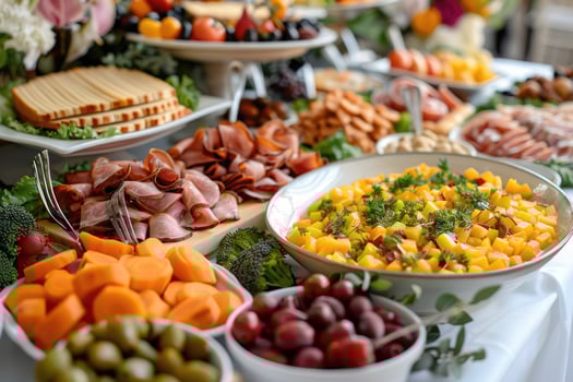 luxurious decoration of white tablecloths with lots of finger food prepared professional advertising food photography photo