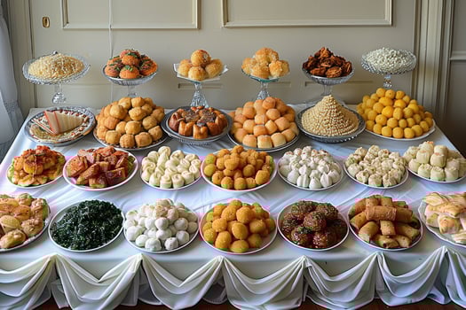 luxurious decoration of white tablecloths with lots of finger food prepared professional advertising food photography photo