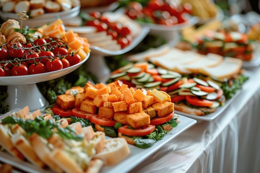 luxurious decoration of white tablecloths with lots of finger food prepared professional advertising food photography photo
